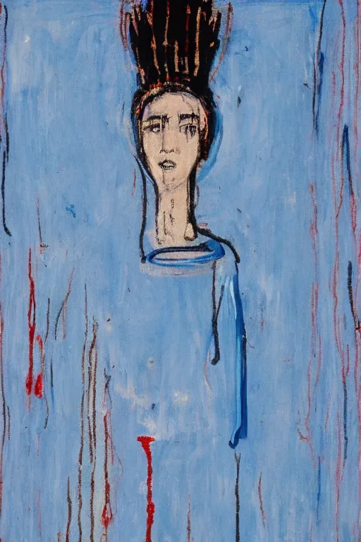 Image similar to light blue, virgin mary of lourdes painted by cy twombly and basquiat