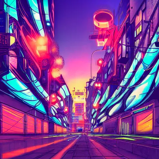 Image similar to beautiful graffiti on a wall in a cyberpunk city, happy mood, futuristic, neon, high detail, sunset, realistic