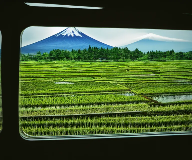 Image similar to a photo of mount fuji, japanese landscape, rice paddies, seen from a window of a train. cinematic lighting.
