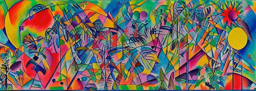 Image similar to party in jungles, author zima blue, very elongated lines, wasily kandinsky, malevich, pop art, color splashes, grain
