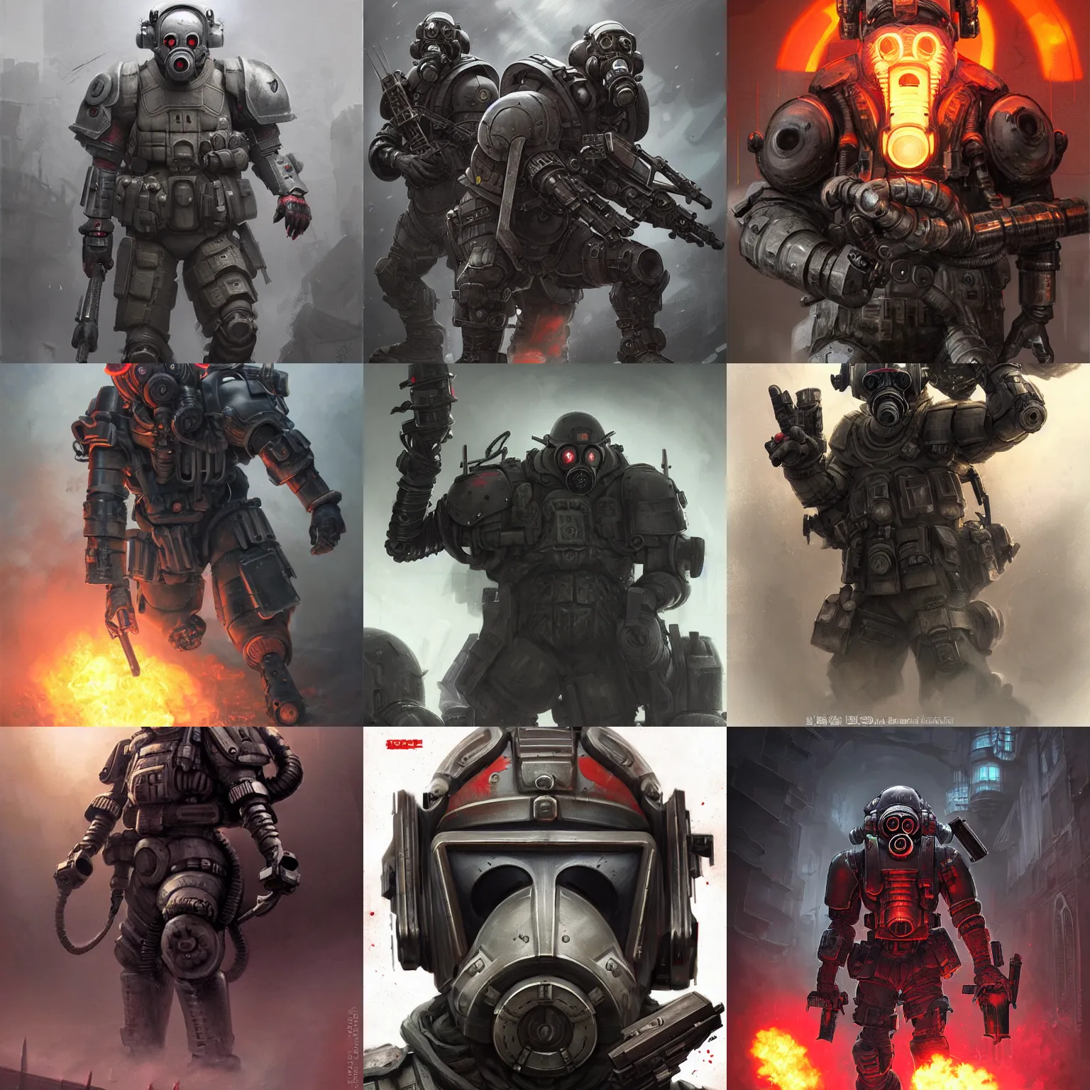 Prompt: kerberos panzer soldier, jin - roh, helghast, gas mask, d & d, sci - fi, highly detailed, digital painting, trending on artstation, concept art, sharp focus, illustration, art by artgerm and greg rutkowski and magali villeneuve