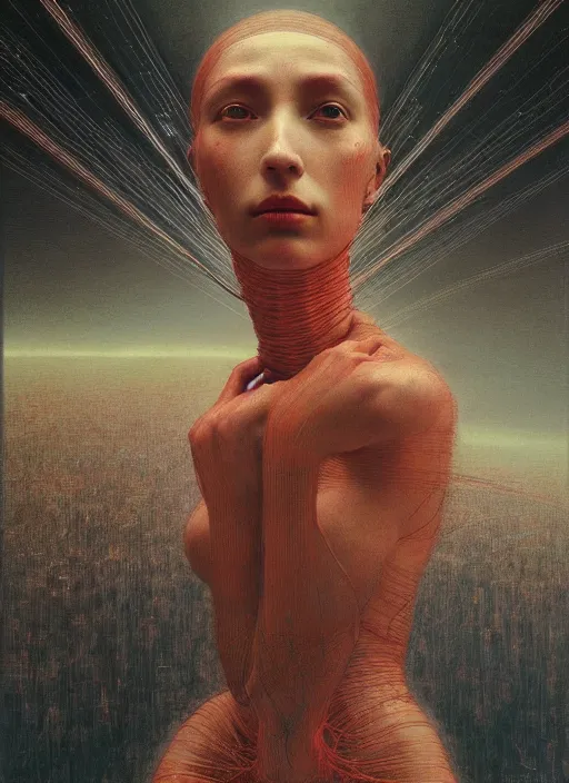 Image similar to Woman masterpiece, beautiful eyes, red, golden halo behind her head, red wires wrap around, by Edgar Maxence and Ross Tran, Zdzisław Beksiński, and Michael Whelan, distant, gustav dore, H.R. Giger, 8k, octane render