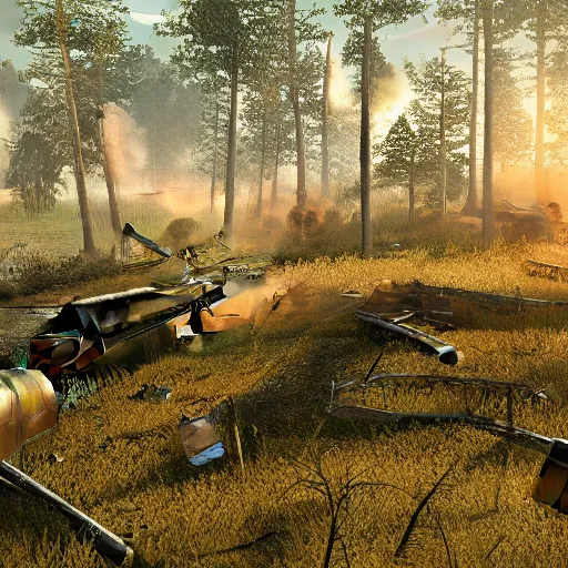 Image similar to war torn battlefield outside of a forest, crashed plane, dragon flies overhead, golden hour, ray tracing reflection, 8k, hyper realistic, insainly detailed, hdr, octan render,