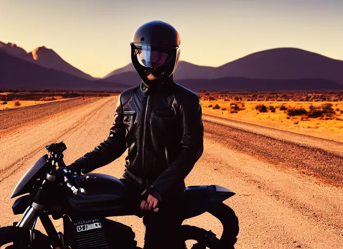 Prompt: portrait photo of young man posing with a black modular helmet and a motorcycle on a desert road, wearing a black modular helmet, silhouette of mountains in background, sunset, golden hour, cinematic, octane, 4 k, 8 k, art gallery masterpiece by rainer schlegelmilch