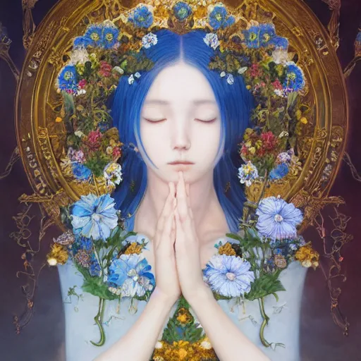 Image similar to breathtaking detailed concept art painting of the goddess of nemophila flowers, orthodox saint, with anxious, piercing eyes, ornate background, amalgamation of leaves and flowers, by Hsiao-Ron Cheng, James jean, Miho Hirano, Hayao Miyazaki, extremely moody lighting, 8K