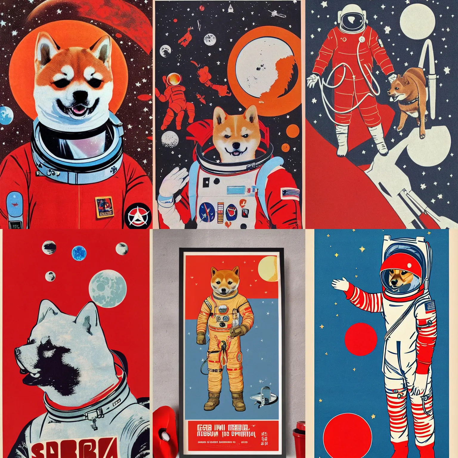 Prompt: Shiba Inu cosmonaut portrait, Red spacesuit,moon mission, 60s poster, 1968 Soviet Japanese