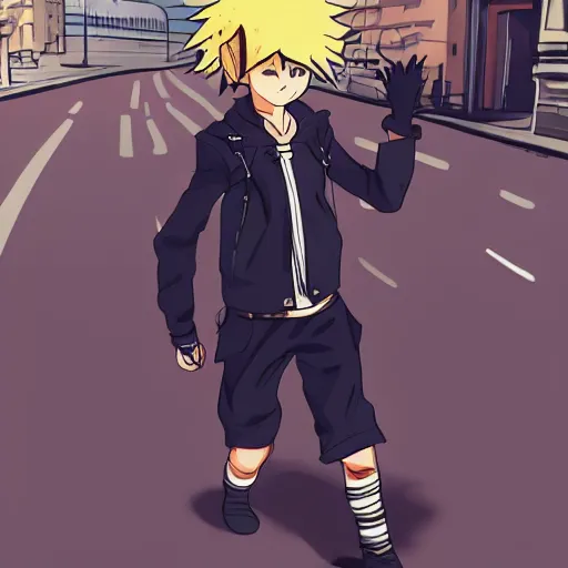 Prompt: a boy is wearing a punk outfit, he is walking in the middle of the street, anime art, elegant, smooth, hd