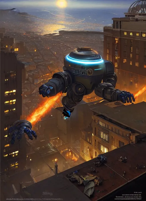 Image similar to hyper realistic robot attacking cape town city,. poster painted by light and magic by wizards of the coast norman rockwell, james gurney and greg rutkowski weta studio, and lucasfilm and best of artstation