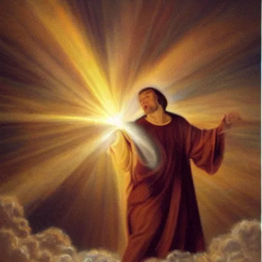 Prompt: a divine ray coming from heaven as fire and passing trough the holy spirit to a man on earth