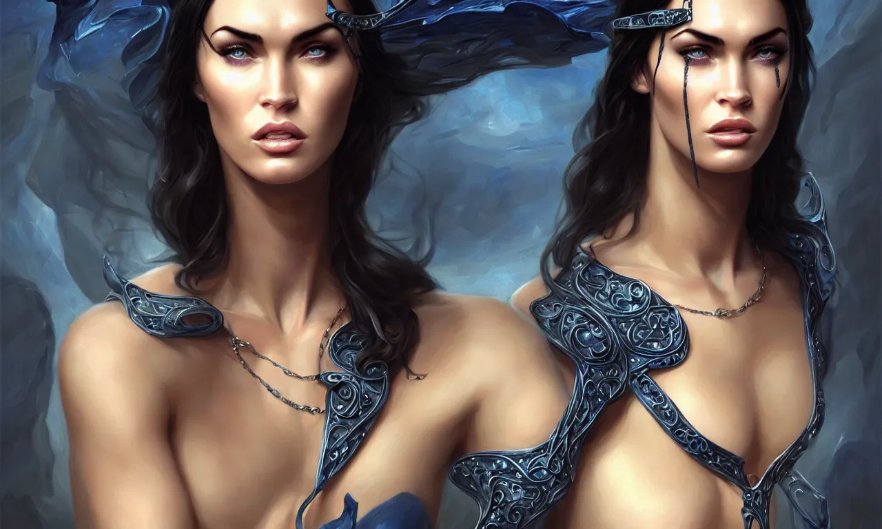 Image similar to ! dream portrait of megan fox blindfolded, muscular upper body, collar, greek, jewelry, blue dress, fantasy, intricate, elegant, highly detailed, digital painting, artstation, concept art, matte, sharp focus, illustration, art by aenaluck and roberto ferri and greg rutkowski, epic fantasy, digital painting