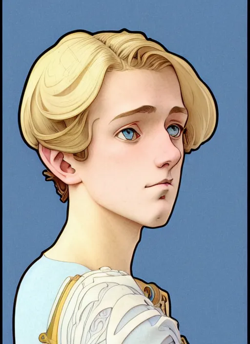 Image similar to art nouveau portrait of a pretty young man with short blond hair, light blue eyes, sad expression, scared, head down, shy and demure, natural lighting, path traced, highly detailed, high quality, cartoon, digital painting, by don bluth and ross tran and studio ghibli and alphonse mucha