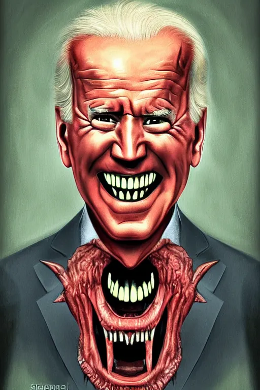 Image similar to joe biden evil grin, horror, terrifying artwork, monster, artwork by stephen gammel, illustration