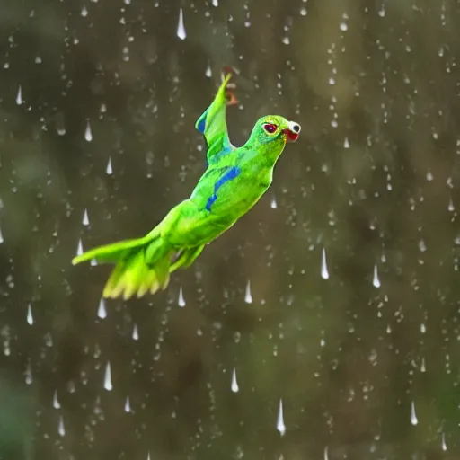 Image similar to gollum - faced bird flying in rain