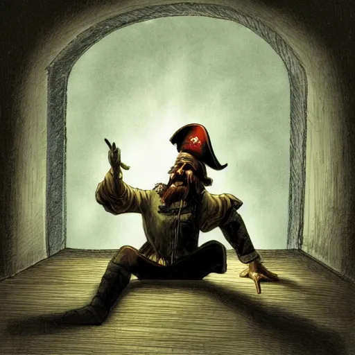 Prompt: aesthetic digital illustration of a sad pirate hanging his head sitting on a prison cot by miyamoto and alex horley - orandelli, sitting in a prison, centered, concept art, deviantart