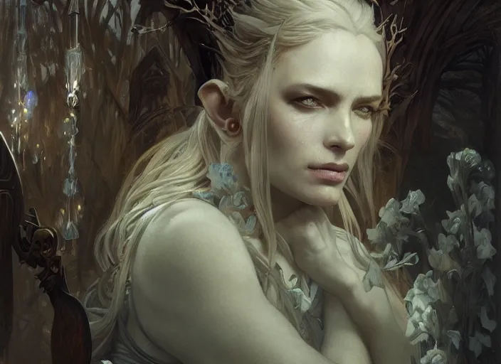 Image similar to beautiful elvish witch, full body, warcraft, fantastical, intricate, elegant, highly detailed, digital painting, art station, concept art, smooth, sharp focus, oil painting, art by caravaggio and greg rutkowski and alphonse mucha