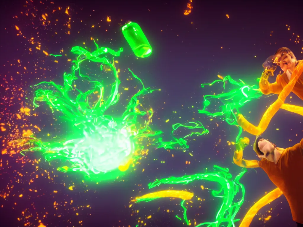 Prompt: a hyperrealistic portrait render of a model throwing a bottle of glowing worms and drinking fluorescent liquid in the cosmos, unreal engine 8k