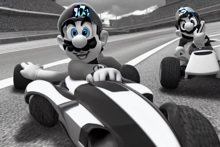 Image similar to gigachad in mario kart, ingame screenshot, black and white, high detailed