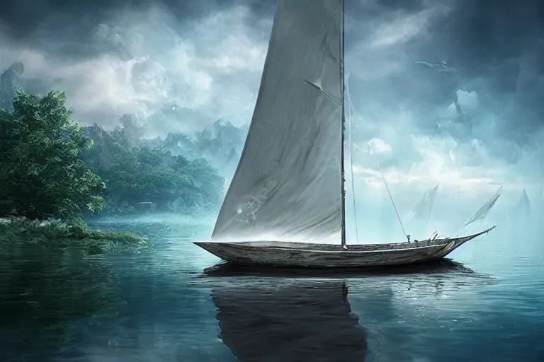 Image similar to sailing boat on a lake of dreams, matte painting, concept art, stunning, ultra sharp focus