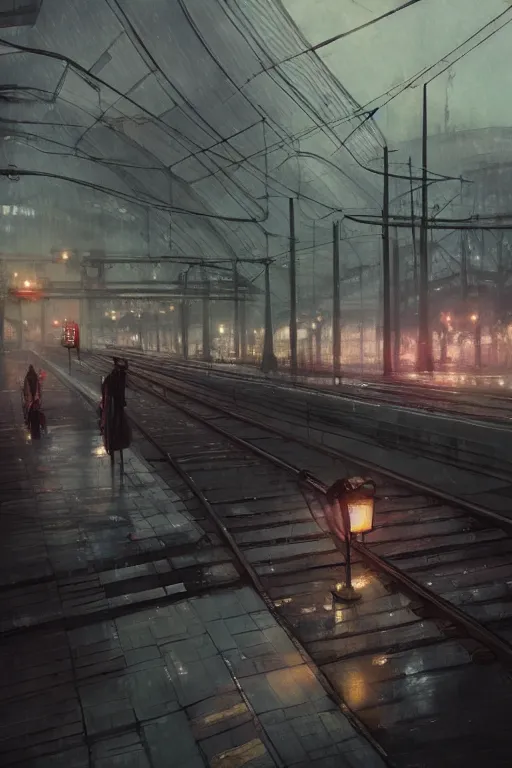 Image similar to The Train Station, cinematic lighting, dramatic atmosphere, by Dustin Nguyen, Akihiko Yoshida, Greg Tocchini, Greg Rutkowski, Cliff Chiang, 4k resolution, trending on artstation