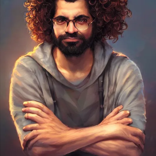 Prompt: a skeptical looking curly - haired persian programmer, by artgerm and greg rutkowski and magali villeneuve