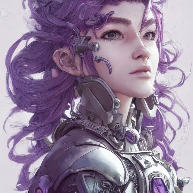 Prompt: close facial portrait of a pale woman in power armor with flowing purple hair, elegant, stoic, intense, ultrafine hyperdetailed illustration by kim jung gi, irakli nadar, intricate linework, sharp focus, bright colors, octopath traveler, final fantasy, hearthstone, highly rendered, global illumination, radiant light, detailed, intricate environment