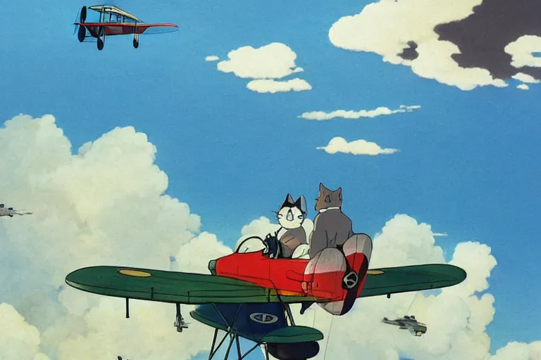 Image similar to tuxedo cat in a pilot cap flying a biplane over a tropical archipelago, morning sunrise, clouds, beautiful, summer, calm, studio ghibli, art by hayao miyazaki, makoto shinkai