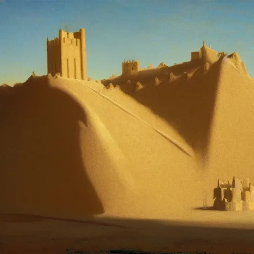 Image similar to a sand castle in the desert, by Jean-Auguste-Dominique Ingres and Albert Bierstadt and John Singer Sargent, concept art, aesthetic, high definition