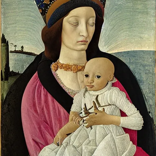 Image similar to portrait of an italian greyhound as an italian queen, holding a small person in her lap, painting by sandro botticelli