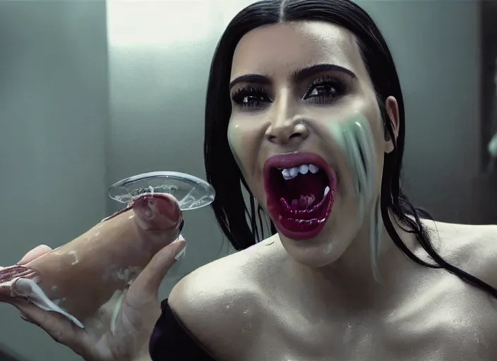 Prompt: film still of kim kardashian ingesting alien goo from the mouth of an xenomorph, transparent goo, transparent liquid, saliva, 8 k