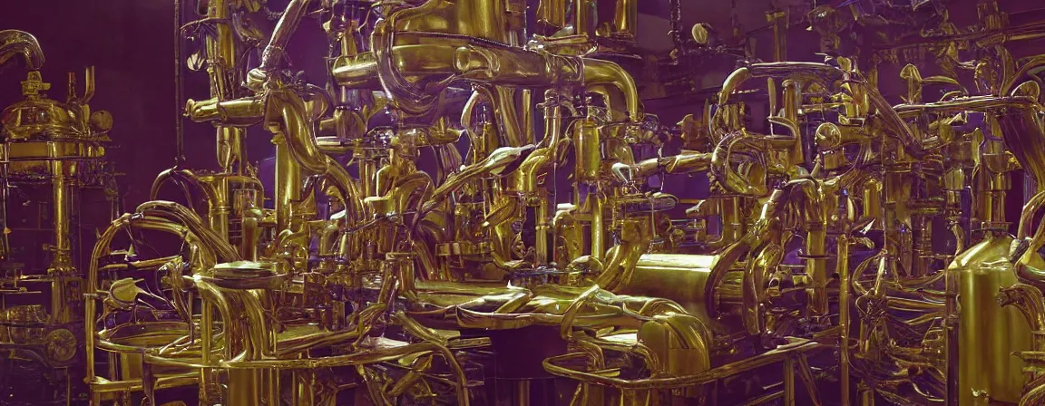 Image similar to a super high resolution film still of machine apparatus for making snake oil, huge copper machine with purple and green intricate pipework, art by andrey remnev, and bruce pennington, directed by denis villeneuve, cinematography by robby muller, fine detail, kodachrome 8 k, snake machine, cinematic lighting