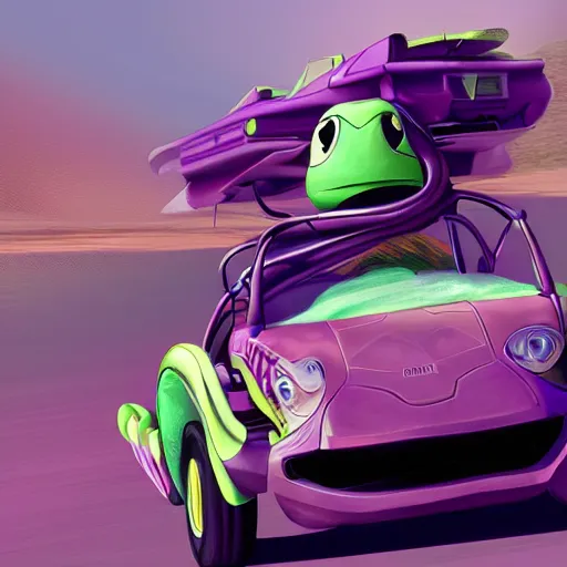 Image similar to turtle driving a fast purple car in the desert, trending on artstation, cinematic