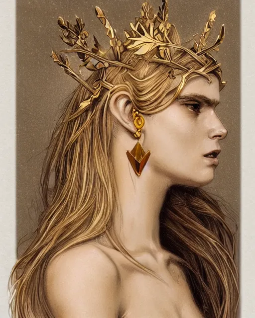 Image similar to front view of beautiful aphrodite greek goddess wearing a gold laurel wreath and triangle earrings, realism tattoo sketch, beautiful piercing eyes with sharp pupils, beautiful blonde hair, in the style of greg rutkowski, fantasy, amazing detail, epic, elegant, smooth, sharp focus