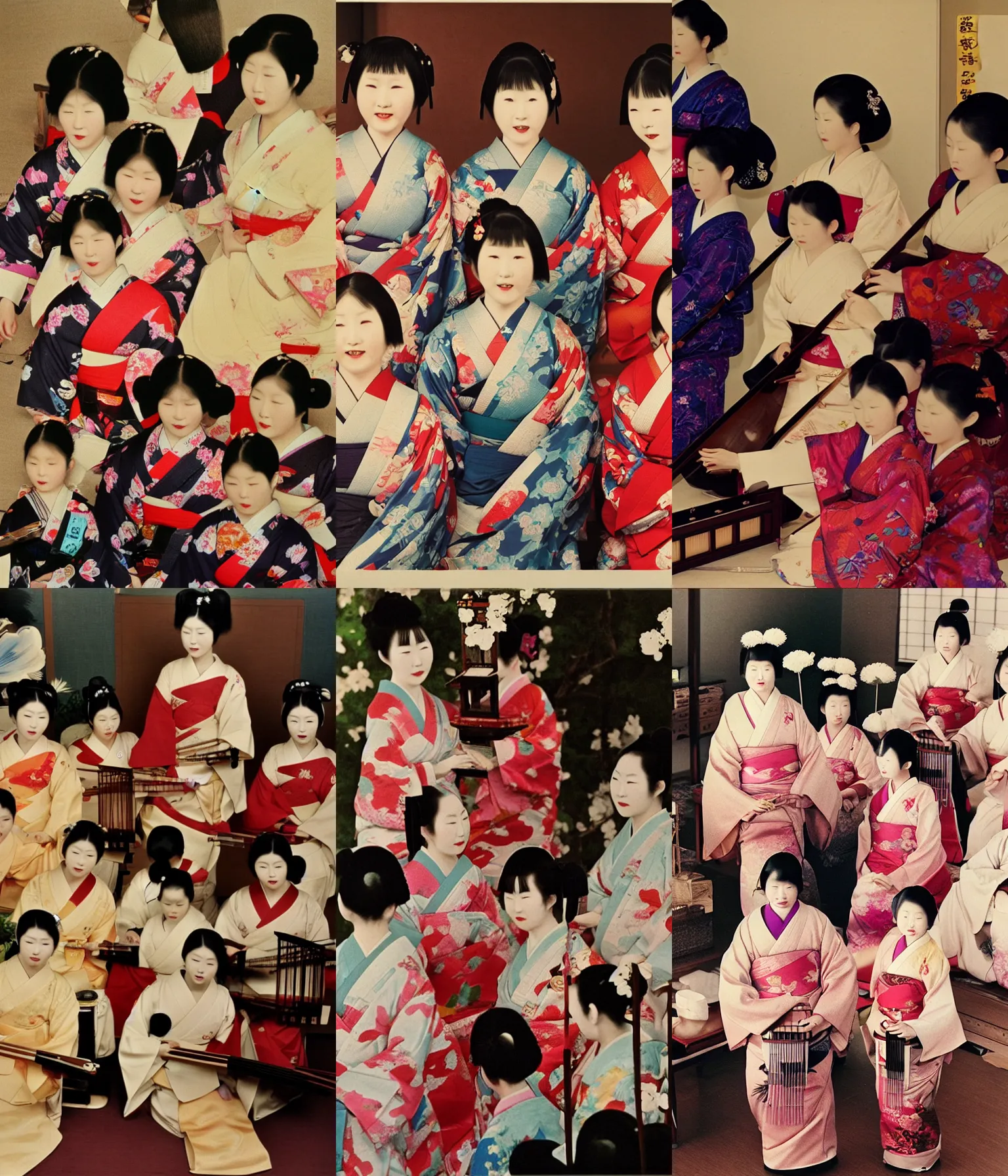 Prompt: full color still of a family photo of geishas playing koto in 1920 Osaka, 150mm lens by Akira Kurosawa, 1980 cinematography