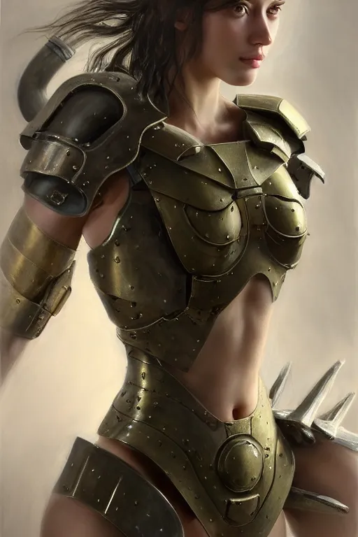 Image similar to a photorealistically painted portrait of an attractive young girl, partially clothed in dull metal-plated battle armor, olive skin, long dark hair, beautiful bone structure, symmetric facial features, perfect eyes, natural physique, intricate, elegant, digital painting, concept art, finely detailed, beautifully illustrated, sharp focus, minimal artifacts, from Metal Gear, by Ruan Jia and Mandy Jurgens and Artgerm and William-Adolphe Bouguerea, in the style of Greg Rutkowski, trending on Artstation, award winning