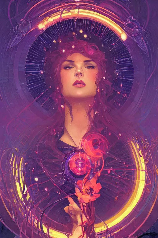 Prompt: she dreams of arcs of purple flame intertwined with glowing sparks, glinting particles of ice, dramatic lighting, steampunk, bright neon, secret holographic cyphers, red flowers, solar flares, high contrast, smooth, sharp focus, art nouveau, art by greg rutkowski and Alphonse Mucha