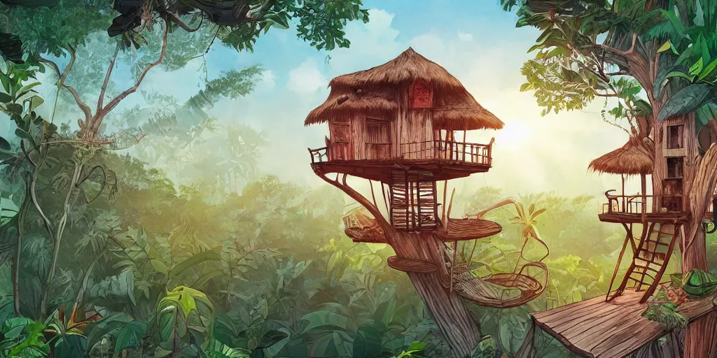 Image similar to a tree house in the jungle, sunshine, by alba ballesta gonzalez. 4 k wallpaper, digital flat 2 d, japan animation, comic book, illustration, cinematic lighting, smooth sharp focus.