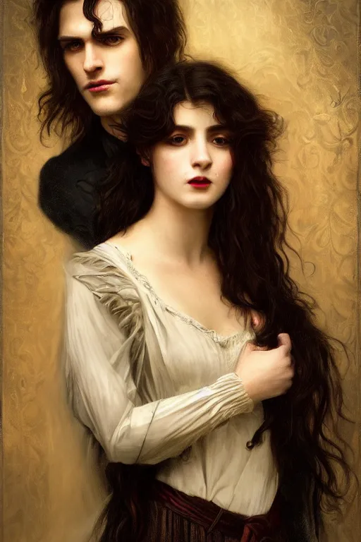 Image similar to a portrait of handsome young male vampire with long hair and his elegant beautiful dark bohemian wife, bored, illustration, dramatic lighting, soft details, painting oil on canvas, art nouveau, octane render, HDR, 4k, 8k, HD, by Edmund Blair Leighton, Brom, Charlie Bowater, trending on artstation, faces by Tom Bagshaw, Sargent