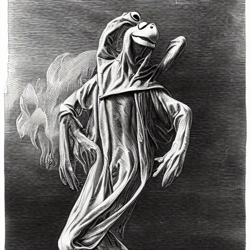 Prompt: full body grayscale drawing by Gustave Dore of Kermit the Frog, swirling flames