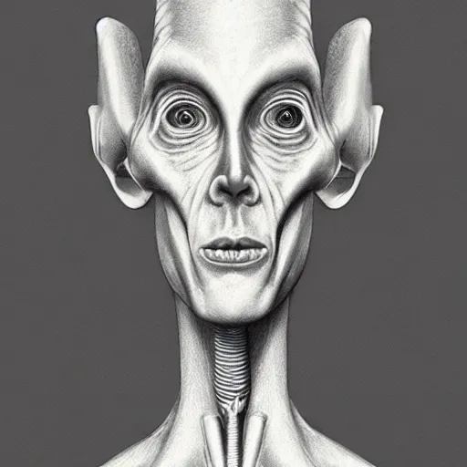 Image similar to pencil art of a grey alien, studio portrait