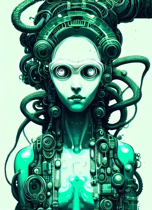 Image similar to highly detailed portrait of a biopunk long curly white hair tribal lady, stray wiring by atey ghailan, james gilleard, by joe fenton, by greg rutkowski, by greg tocchini, by kaethe butcher, 4 k resolution, gradient green, black and white color scheme!!! ( ( irradiated robotic cavern background ) )