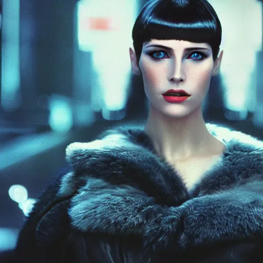 Image similar to portrait of a stunningly beautiful futuristic female replicant from blade runner, depth of field, zeiss lens, detailed, symmetrical, centered, fashion photoshoot, by Annie Leibovitz and Steve McCurry, David Lazar, Jimmy Nelsson, Breathtaking, 8k resolution, extremely detailed, beautiful, establishing shot, artistic, hyperrealistic, beautiful face, octane render