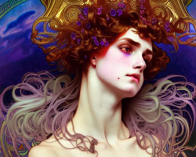 Image similar to overlord, psychedelic hair, portrait, highly detailed, deep focus, elegant, digital painting, smooth, sharp focus, illustration, ultra realistic, 8 k, art by artgerm and alphonse mucha and edgar maxence