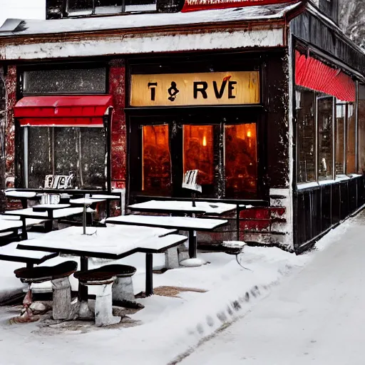 Image similar to a run down restaurant on a snowy street in the american rust belt, sharp, detailed