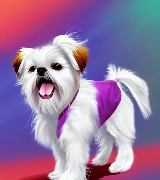 Prompt: small white shihtzu maltese mix dog in nc state stadium smiling full color digital illustration in the style of don bluth, artgerm, artstation trending, 4 k