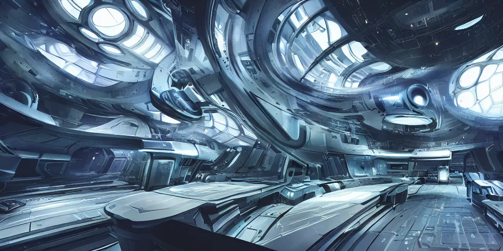 Prompt: a organic pod, sci - fi interior, a large hall looking into a glass fronted science fiction lab, futuristic room, photorealistic, hyper real, cinematic, in the style of jim burns, john harris,