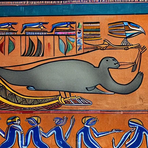 Prompt: Egyptian mural depicting otters baking bread