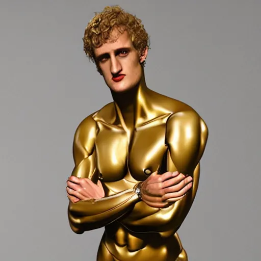 Image similar to a realistic detailed photo of a guy who is an attractive humanoid who is half robot and half humanoid, who is a male android, boxer and youtuber logan paul, shiny skin, posing like a statue, blank stare, at the museum, on display