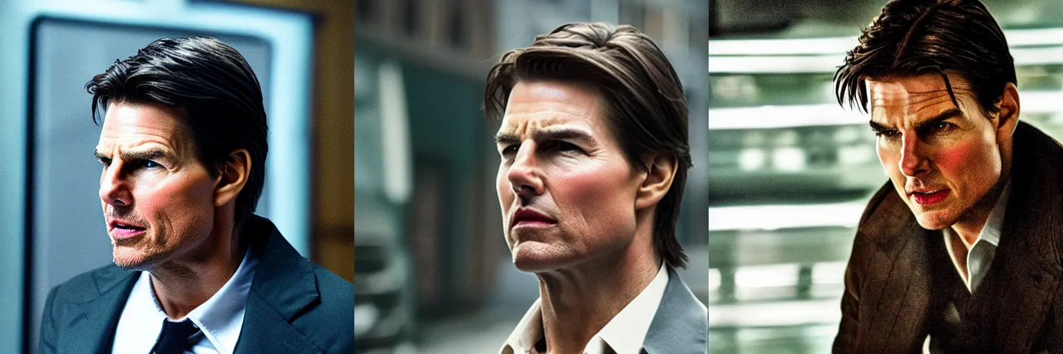 Prompt: close-up of Tom Cruise as a detective in a movie directed by Christopher Nolan, movie still frame, promotional image, imax 70 mm footage