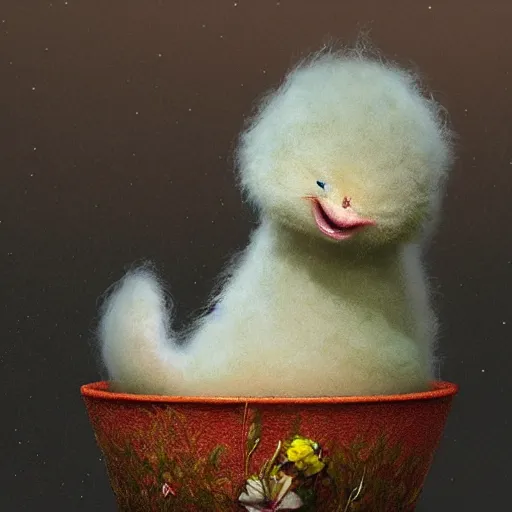 Image similar to long shot of a very fluffy fur chick nesting in a floral cup, esao andrews, by m. w. kaluta, humorous illustration, hyperrealistic, tilt shift, warm colors, night scenery, low light, 3 d octane render, 4 k, volumetric lights, smooth, cosy atmosphere, conceptart, hyperdetailed, trending on deviantart