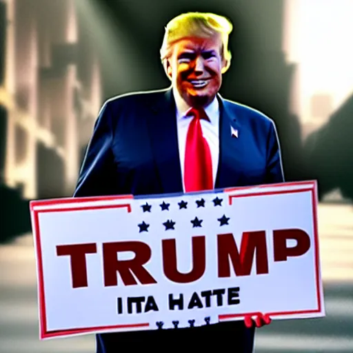 Image similar to a photo of Donald Trump holding a sign that says 'I hate signs !', cinematic